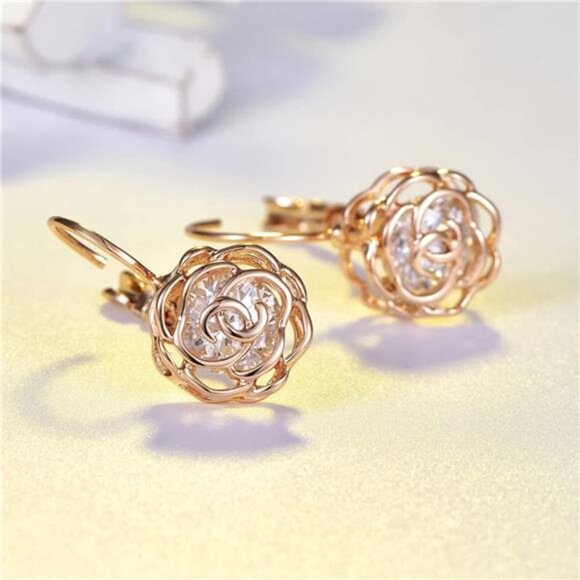 Rose Gold Plated Hollow Rose Flower Leverback Earrings with Swarovski Crystals - Picture 3 of 8